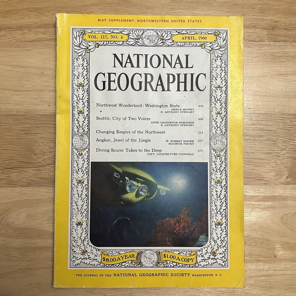 Vtg National Geographic April 1960 Washington Seattle Angkor Diving Saucer Map